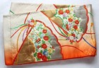 Japanese Vintage Kimono Fukuro Obi Silk Embroidery Folding Fan Flower