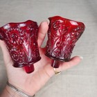 Vtg Ruby Daisy Floral Votive Cups Peg Candle Holders Red Pair Cadmium Glow