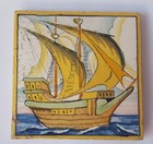 1960s Spanish Polychrome Majolica Galleon Arts   Crafts Style Hand Painted Tiles