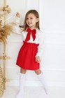 Three Piece Set - Red Ruched Skirt With White Blouse With Red Bow