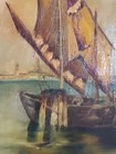 Antique Original Signed Oil On Canvas Painting Of Harbor  Port  Sailboat Fishing