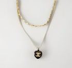 Chanel Cc Logo Black Enamel Heart Pendant Necklace Gold Tone 18  Double Chain