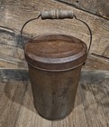 Antique Primitive Metal Lard Pail Tin Canister Lid Wood Handle Vintage Bucket