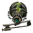 Antique Mini Perfume Bottle Brooch Green Gold Ball Glass Dauber Trombone Vintage