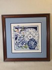 Framed Cross Stitch Picture Blueware Water Pitcher Plate Design Cottagecore 