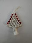 Vtg Macrame Christmas Tree Ornament White W  Red Beads Fringe Mcm