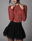 Anthropologie Red Pink Long Sleeve Sheer Back Tie Velvet Burnout Top Sz Xl