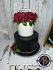 2 Tier Fake Cake 12 Inches Tall - Black And White With Red Flowers