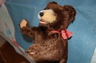Vintage Steiff Mohair Brown Bear Hand Puppet Glass Eyes   Original Ribbon Teddy