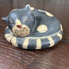 Vintage Wooden Painted Round Large   Small Sleeping Cat Figurines   Carvings