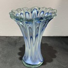 Vtg Italian Murano Blue White Art Glass Swung Pulled Fluted Vase 7    Tall Swirl
