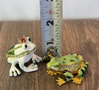 2 Enamel   Rhinestone Hinged Frog Trinket Pill Boxes Prince Jeweled Bling Metal
