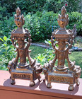 Antique Ornate Neoclassical Torch French Andirons Bronze Cast Iron Pair Unused