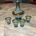 Vintage Bohemian Blue Decanter Cordial Liquor Set Gold Stripe Trim 4 Shot Glass