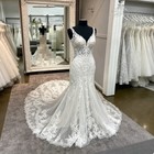Elegant Mermaid Wedding Dresses V - Neck Lace Appliques Sweep Train Bridal Gowns