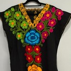 Vintage Mexican Floral Embroidered Tunic Dress Black Multi Color Boho Fiesta