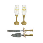 Gold Glitter Toasting Flutes And Cake Knife Server Set  Wedding Gift