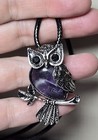 Natural Amethyst Crystal Gemstone Owl Pendant Necklace On Black Cord