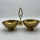 Vtg Etched Brass Bell   Indian Footed Offering Ritual Bowls Puja Set Ghanta