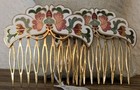 Vintage Cloisonn   Style Floral Enamel Hair Combs Pair Gold Tone Decorative