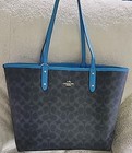 Coach Signature Reversible Pvc City Tote Blue Grey Teal Authentic