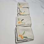 Set Of 8 Vintage Cream Linen Hand Embroidered Sewn Cocktail Napkins Floral 50s