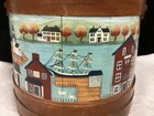 Vintage Handpainted 12    Wood Barrel Sewing Basket Box   Colonial Seaport Scene