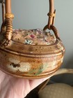 Handmade Pin Cushion Art Pottery Basket Rattan Handle 6    Fabric Signed Mary