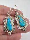 Vtg Navajo Sterling Silver Webbed Blue Gem Turquoise Hook Dangle Earrings 2 1 8 