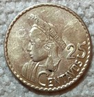1961 Guatemala - 25 Centavos - Native Bust   Quetzal On Pilar - Au Silver
