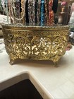Vtg Ornate Ormolu Jewelry Box Gold Filigree Beveled Glass Footed W jewelry