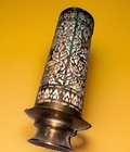 Unique Thai Dancer Brass Filigree Over Milk Glass  Liner Candle Holder 10  Tall