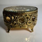 Vintage Ormolu Gold-gilt Filigree Oval Casket Jewelry Box W  Beveled Glass Lid