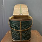 Burlington Hawkeye Green Wicker Large Picnic Basket Handles Wood Lid Vintage
