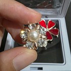 Elegant Red Flower Brooch Pin Set Pearl Style Rhinestone Women Fashion Jewelry