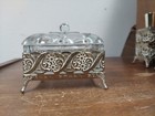 Vtg Hollywood Regency Vanity Set Gold Metal Filigree Trinket Box   2 Bottles Guc