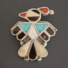 Zuni Native American Inlay Thunderbird  Brooch Silver Multicolor Turquoise Coral