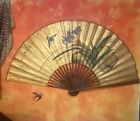 Vintage Large Chinese Fan Wall Art Hand Painted 65x36 Gold W  Birds   Floral