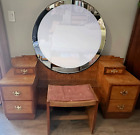 Antique 1920s Art Deco Burl Wood Vanity Set     Round Mirror   Stool     Glam