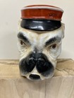 Antique Majolica Figural Boxer Dog Head W  Hat  Porcelain Tobacco Humidor Jar