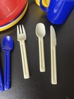 Vintage Hong Kong Plastic Camping Set Red White Blue Plates Cups Utensils Euc 