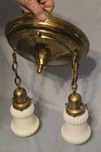 Antique Brass Pendant Light Fixture W Two Lights W Shades Art Deco Victorian Era