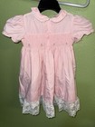 Vintage Cherubs Pink Smocked Baby Dress   Lace Hem  Embroidered Flowers Size 18m