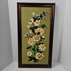 Vintage Floral Crewel Embroidery Framed Wall Art Retro 60s 70s Mcm Boho 22 x12 