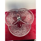 Vtg William Adams 3 Section Glass Relish Tray Etched Roses Silver Plated Handle