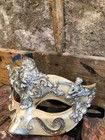 White Venetian Eye Mask With Silver Baroque Friezes - Elegant Car Mask