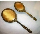 Matson Style Filigree Ormolu Vanity Set Leaf Beveled Mirror Globe Mid Century