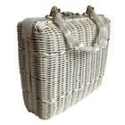 Vintage White Wicker Handbag Lucite Handles Pleated Purse Made Hong Kong 9x4x8 
