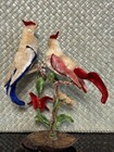 Vintage Chenille Bird Figurine Decor On Branch With Flowers  Mixed Materials