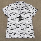 Waggle Loon Lake Polo Women Large White Black Loon Canoe Print Golf Shirt Nwt